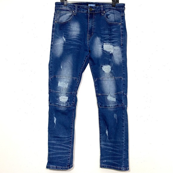 Blue Tar jeans med wash BLUE relaxed fit denim distressed 5 pocket size 34/30 - Picture 12 of 12